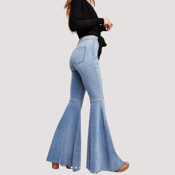 Free People Float On Super Flare Jeans Love Letters Medium Wash Wide Leg Size 27 - Picture 1 of 5